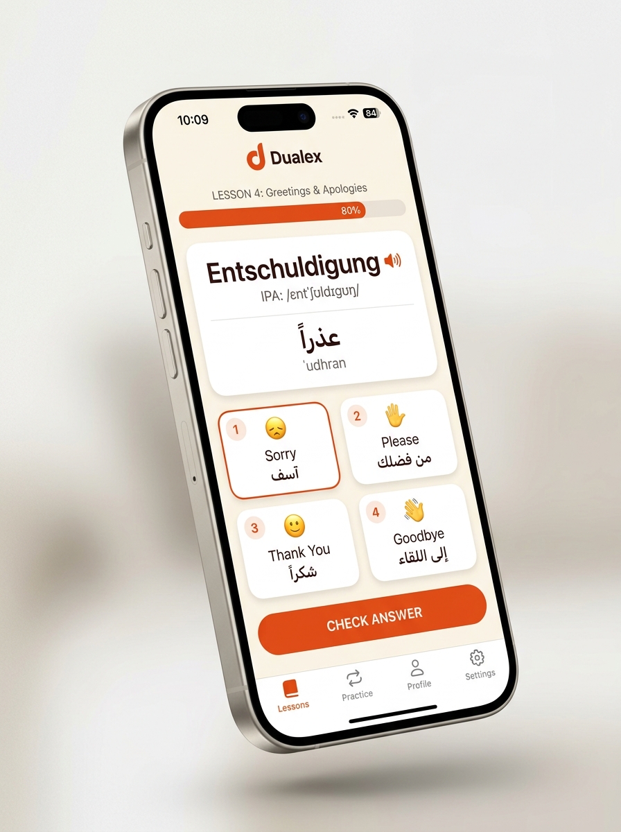 Dualex app showing a German vocabulary lesson with Arabic translation