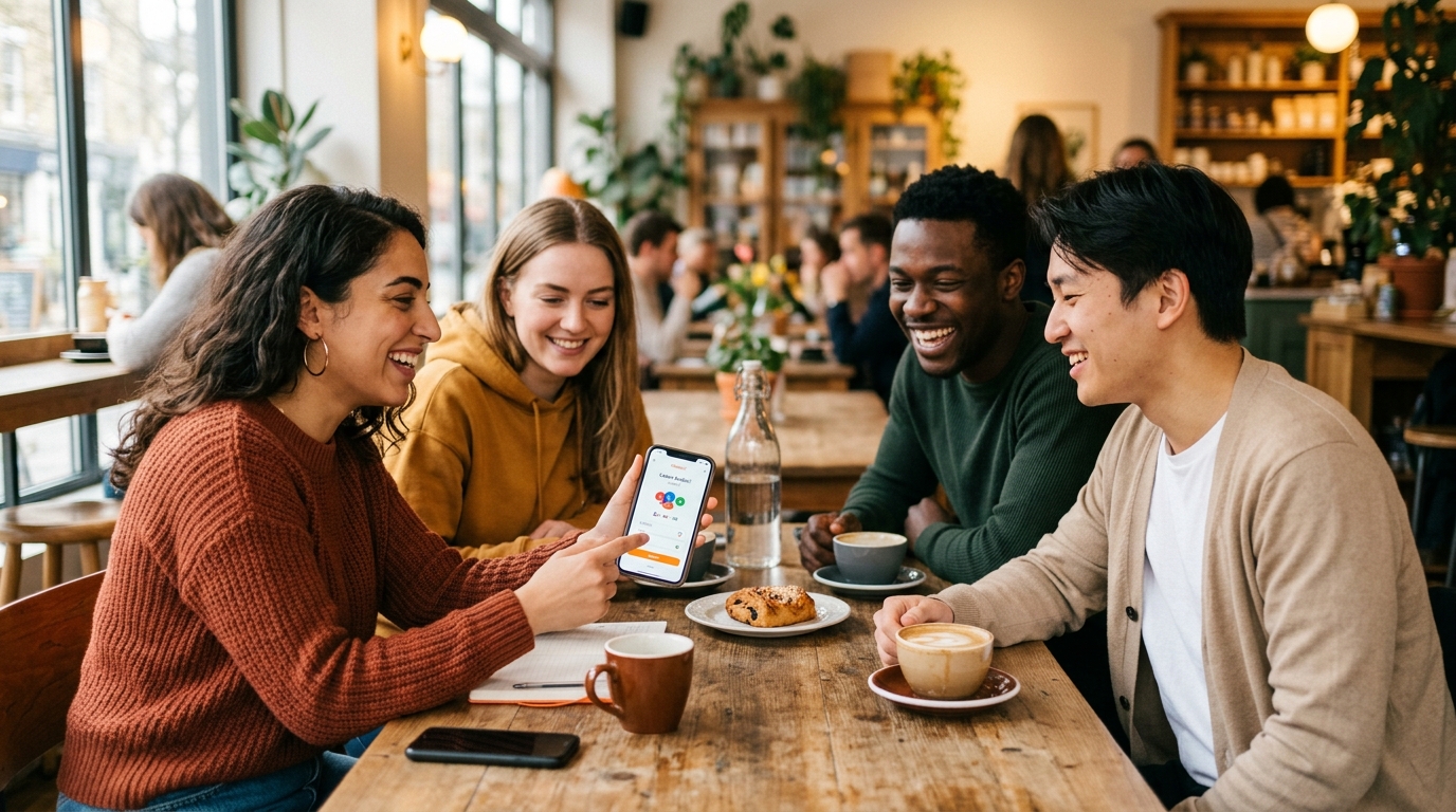 Friends learning languages together at a café